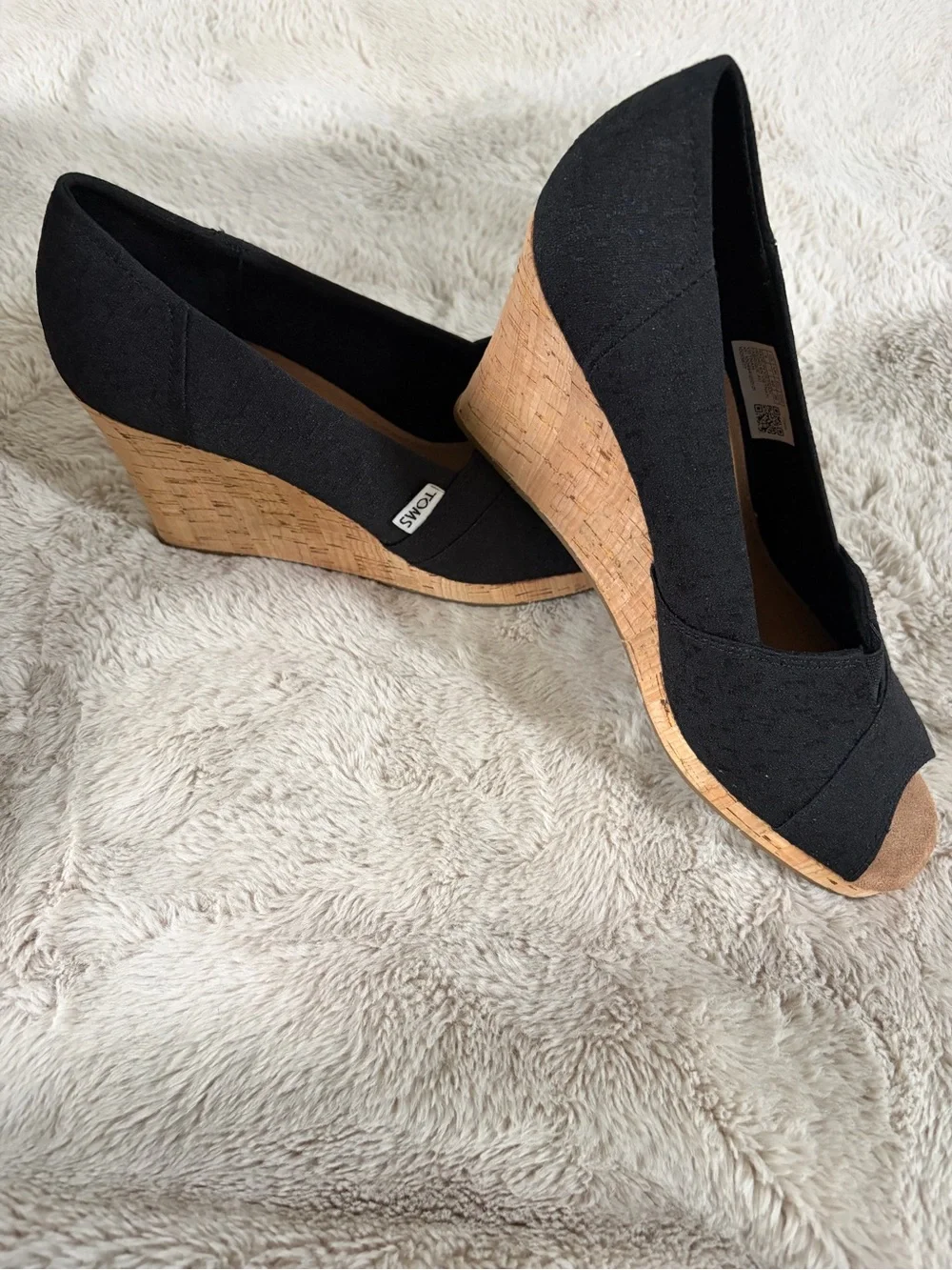 TOMS Black Canvas Cork Wedge Peep-Toe